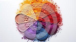 crushed eyeshadow powders in a flower-like pattern from red to purple on a white background