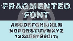 Crushed glass alphabet. Cracked broken abc font, smashed glass letters and numbers, shattered, fragmented broken letters flat