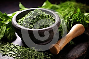 crushed herbs in a stone mortar and pestle