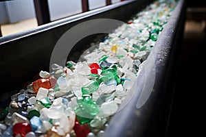 crushed plastic bottles on a conveyor belt at a recycling plant