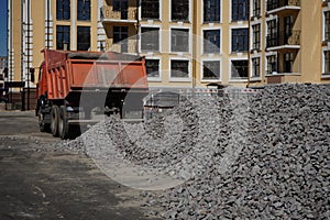 Crushed stone mounds.Grey crushed stones in close up,Versatile building material for horticulture,landscape gardening or road