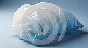 Crushed white and blue plastic bag on a light blue surface