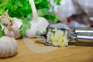 Crushing garlic to add to the dish. Whole and chopped garlic on a cutting Board made from natural oak. Fresh parsley.