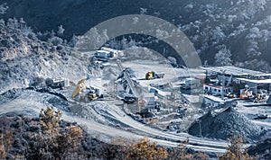 Crushing and screening plant in stone quarry at work, top view