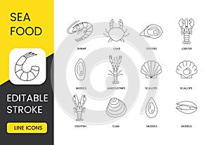 Crustaceans and mollusks set line icons in vector, seafood editable stroke. Mussels and clam, crayfish and scallops