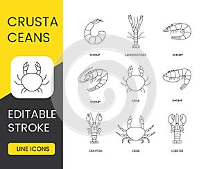 Crustaceans set line icons in vector, seafood editable stroke. Lobster and crab, crayfish and shrimp, langoustines