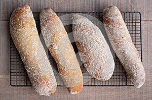 Crusty home made ciabatta sour dough bread loaves, baked during the Coronavirus lockdown.