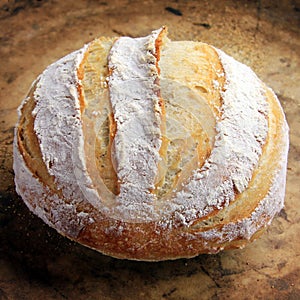 Crusty Round White Homebaked Artisan Bread Loaf on Baking Stone.