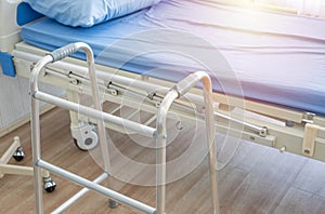 Crutches,bed and mobility aids in ward of hospital