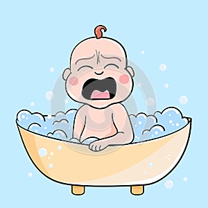 Cry angry baby bathing with foam and bubbles. Vector illustration