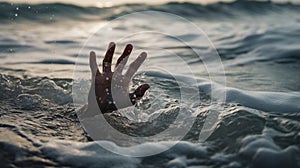 Cry for Help is Answered by a Hand Reaching from the Depths of the Ocean. Generative AI