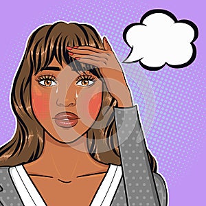 Crying african american business woman holding her head and thinking, headache and stress concept vector illustration in pop art r