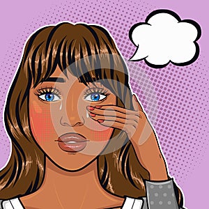 Crying african american business woman wipes a tear from her face with her hand vector illustration in pop art retro comic style