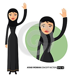 Crying arab business woman waving hand goodbye cartoon vector isolated on white