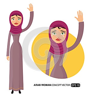 Crying arab business woman waving hand goodbye cartoon vector isolated on white