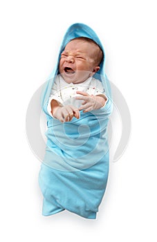 Crying Baby in Blue Blanket