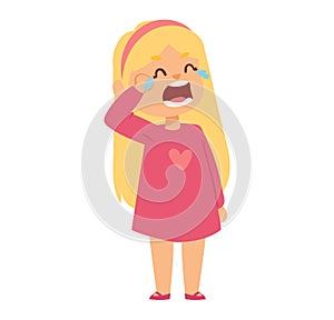 Crying blonde little girl in pink dress wiping tears. Upset child, emotional distress, unhappy preschooler vector