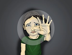 Crying boy, hand signals to stop the violence and pain. Portrait