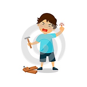 Crying boy with injured thumb, kid bruised a finger while hammering a nail vector Illustration on a white background