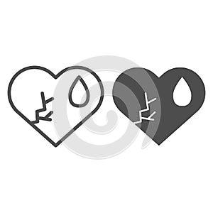 Crying broken heart line and solid icon. Cracked love shape with tear drop symbol, outline style pictogram on white