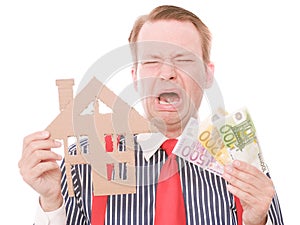 Crying business houseowner with money