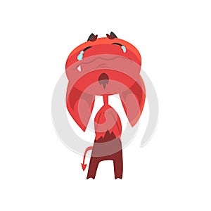 Crying cartoon devil with big drooping ears, horns and tail isolated on white. Flat vector design of red demon with