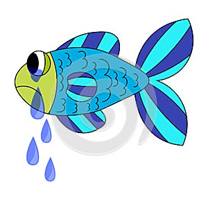 Crying cartoon fish. Dropping the tears from fish`s eyes. Sad blue and green fish isolated on white