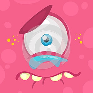 Crying cartoon monster face. Vector Halloween pink sad monster with one eye.
