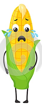 Crying corn character. Cartoon corncob with sad face expresion