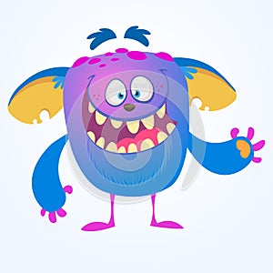 Crying cute monster cartoon. Blue adorable tiny monster troll, gremlin or goblin crying with tear. Vector illustration