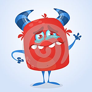 Crying cute monster cartoon. Red adorable tiny monster character mascot crying with tear. Vector illustration