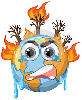 Crying earth cartoon character from greenhouse effect and global warming