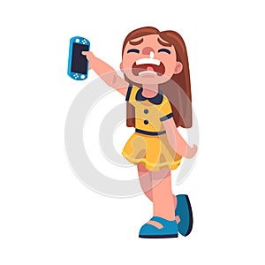 Crying Girl Addicted to Gadget Having Hysterics Vector Illustration