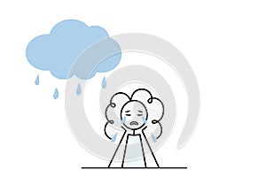 crying girl character and raining cloud, bad mood, sadness, longing concept, doodle black line simple vector