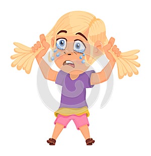 Crying girl. Child weep and shed tears. Cartoon sad kid