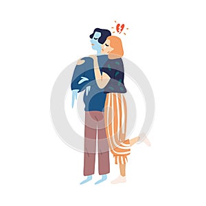 Crying girl hug cold avoidant male vector flat illustration. Woman with broken heart and coldness ignoring partner