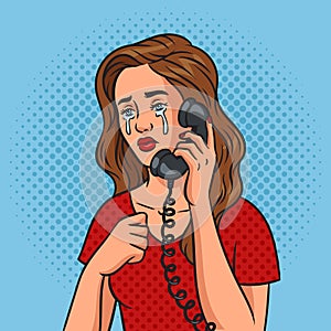 Crying girl with phone pinup pop art vector