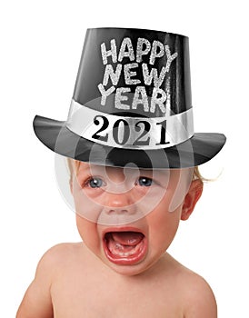 Crying Happy New Year baby wearing a top hat.