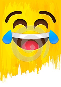 Crying of laughter happy smiley face on yellow paint wall