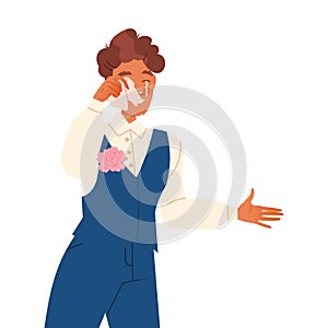 Crying Man Groom Weeping and Sobbing from Happiness Wiping Eyes Vector Illustration