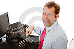 Crying man with modern technology