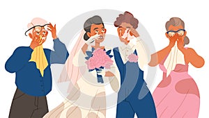 Crying Newlywed Couple with Their Parents Weeping and Sobbing from Happiness Vector Illustration