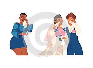 Crying Newlywed Couple and Woman Weeping and Sobbing from Sorrow and Happiness Vector Set