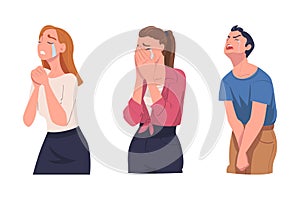 Crying People Character Weeping and Sobbing from Sorrow and Grief Feeling Sad and Upset Vector Set