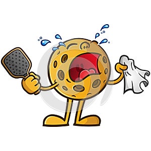 Crying pickle ball cartoon mascot having a hissy fit because they lost a big match on the court