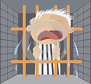 Crying prisoner stays behind the bars illustration