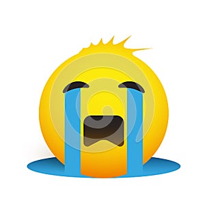 Crying Sad Emoji with Funny Blowsy Hair - Simple Emoticon Design on White Background