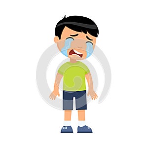 Crying sad little boy flat vector illustration.