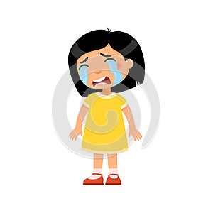 Crying sad little girl flat vector illustration