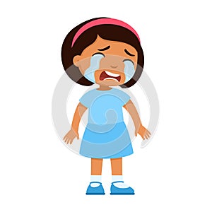 Crying sad little Latin-American girl. Upset child with tears on face standing alone cartoon character.